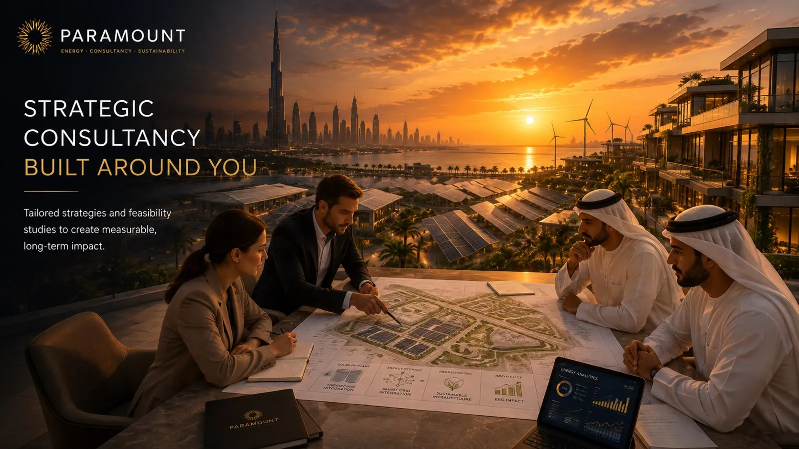 People around a table reviewing a large site masterplan, a solar field and skyline behind them.