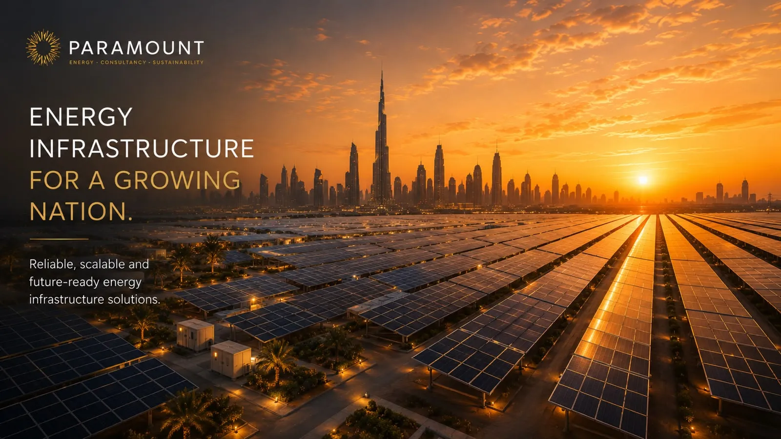 Rows of solar panels stretching to the horizon, a city skyline silhouetted in the sunset beyond.