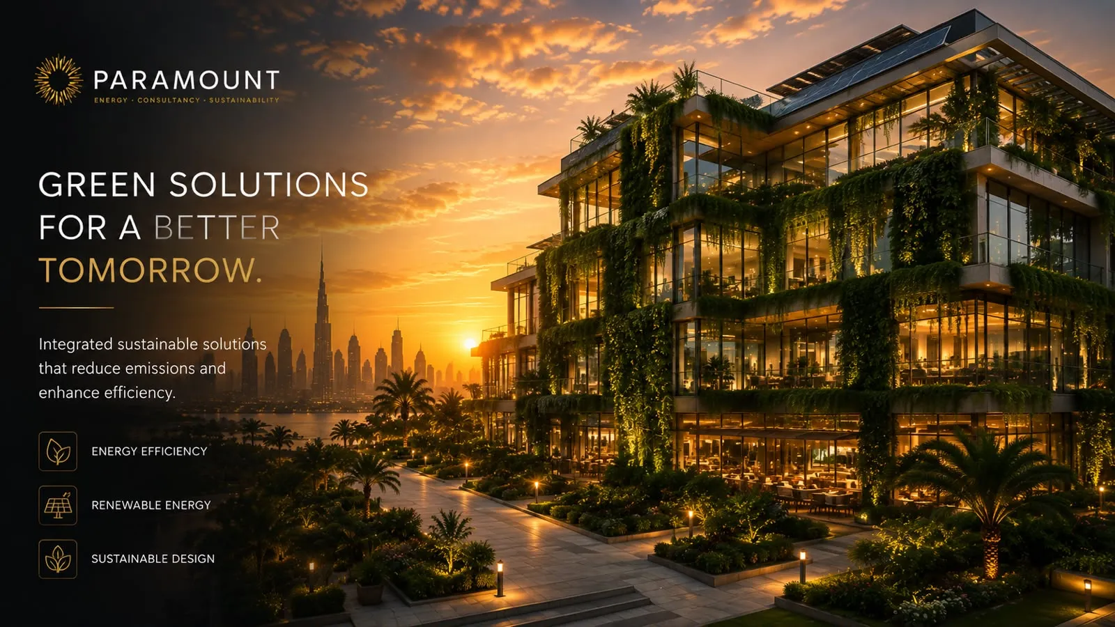 A glass building with planting across every terrace, lit from within at sunset.