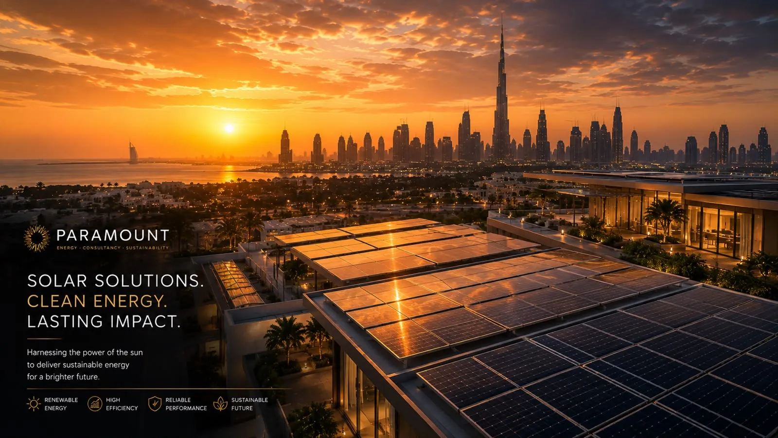A rooftop array of solar panels catching low sunlight, a city skyline on the horizon.