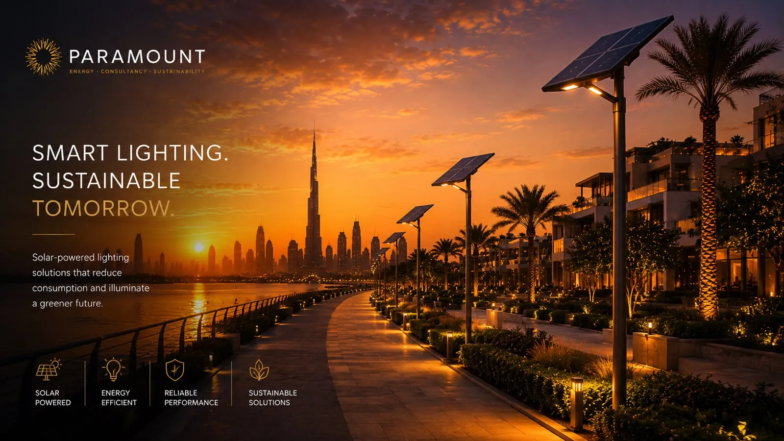 A waterfront promenade at dusk lined with solar-panelled lamp posts receding toward a skyline.