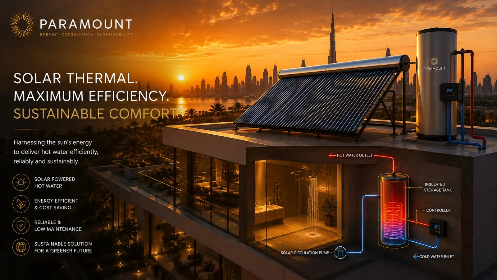 A roof-mounted evacuated-tube solar collector and storage cylinder above a building at sunset.