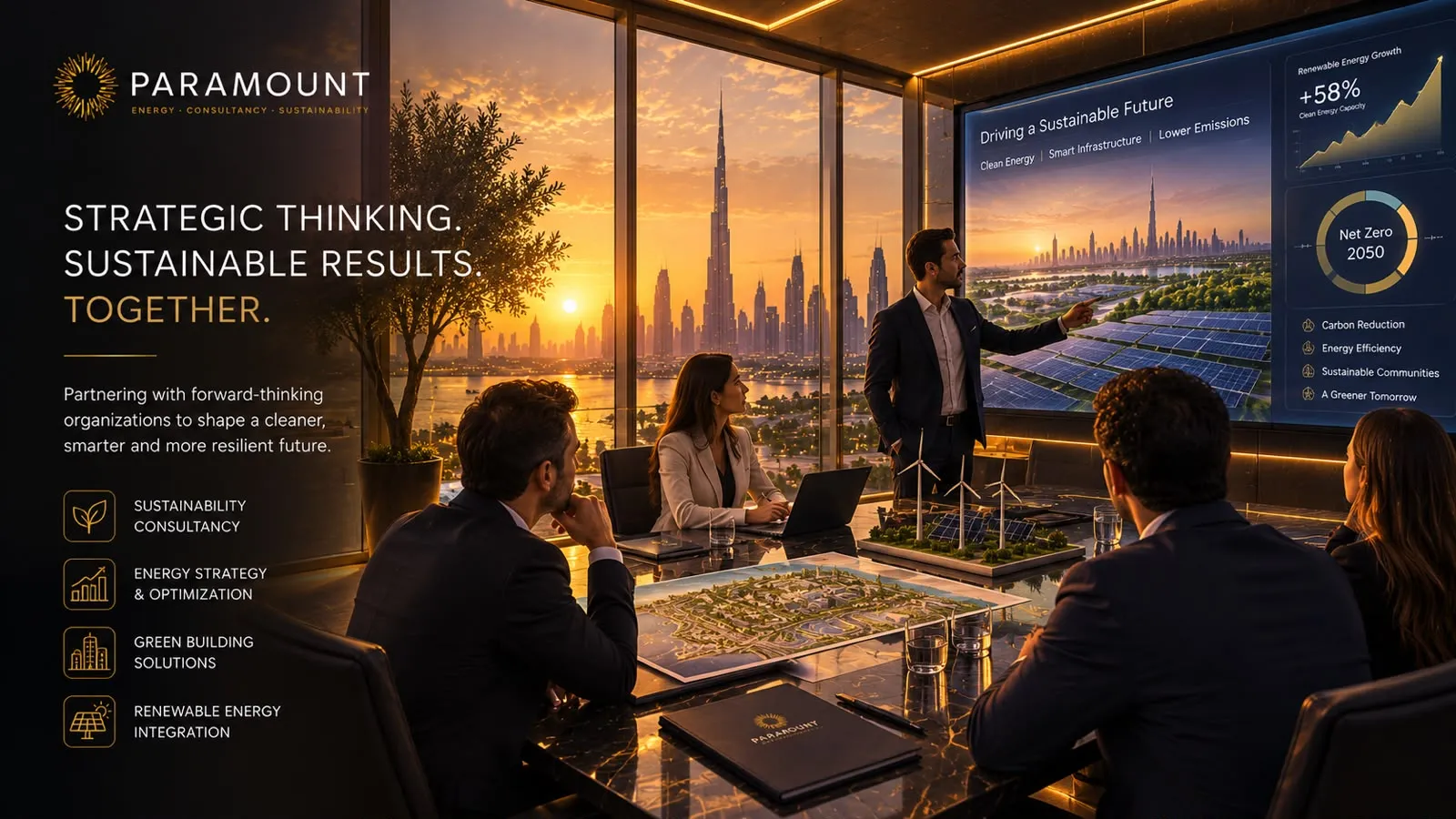 A meeting in a boardroom overlooking a city at sunset, a masterplan model on the table.