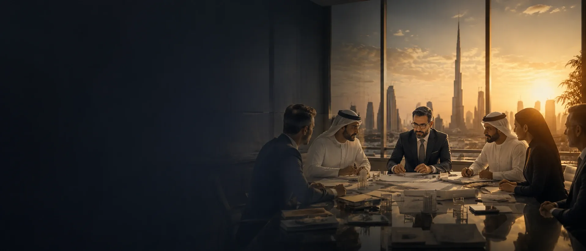 A meeting around a boardroom table with a city skyline through the windows at sunset.