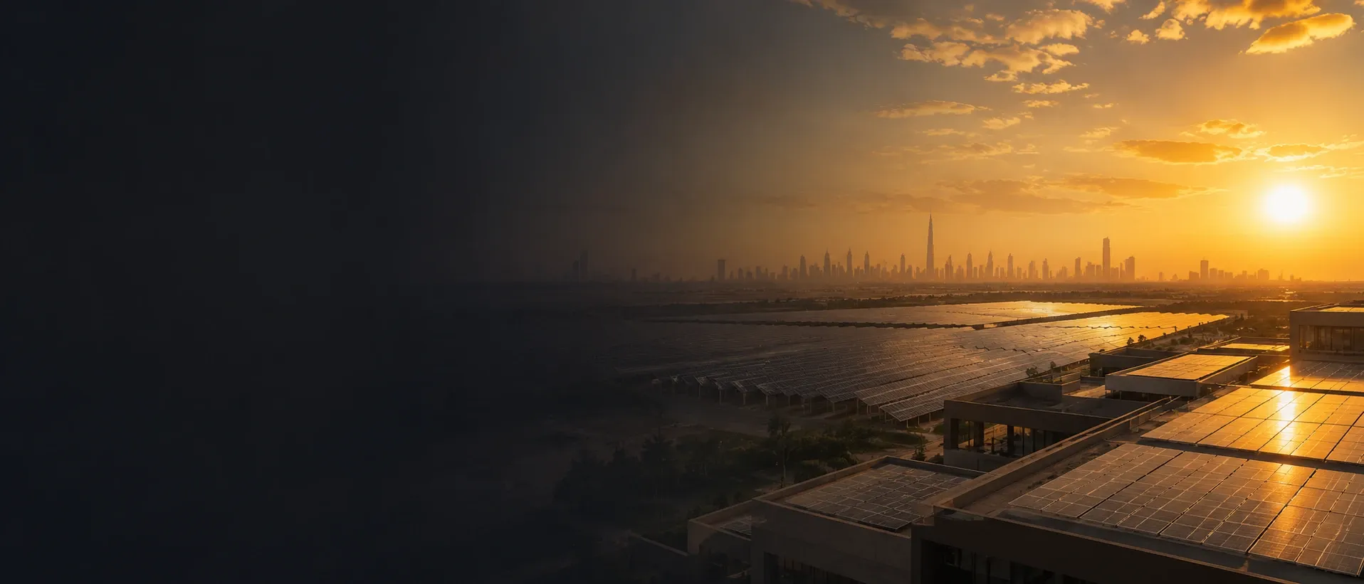 An aerial view of a large solar field stretching toward a city skyline at sunset.