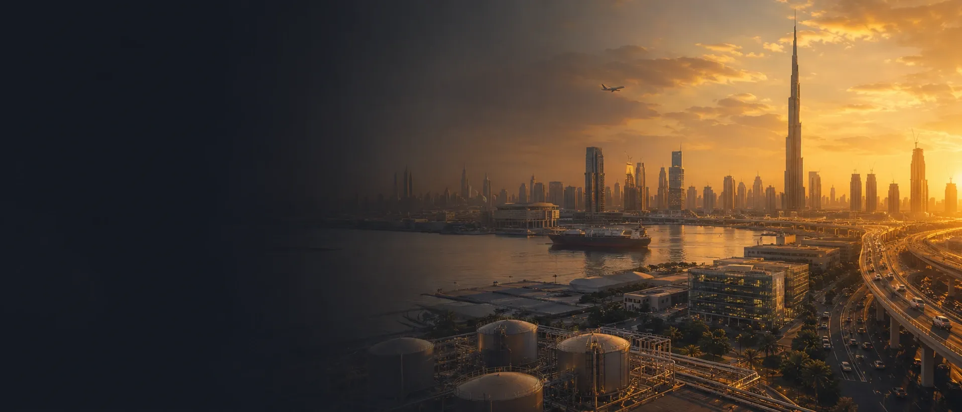 A waterfront at sunset with storage tanks, a highway and a city skyline beyond.