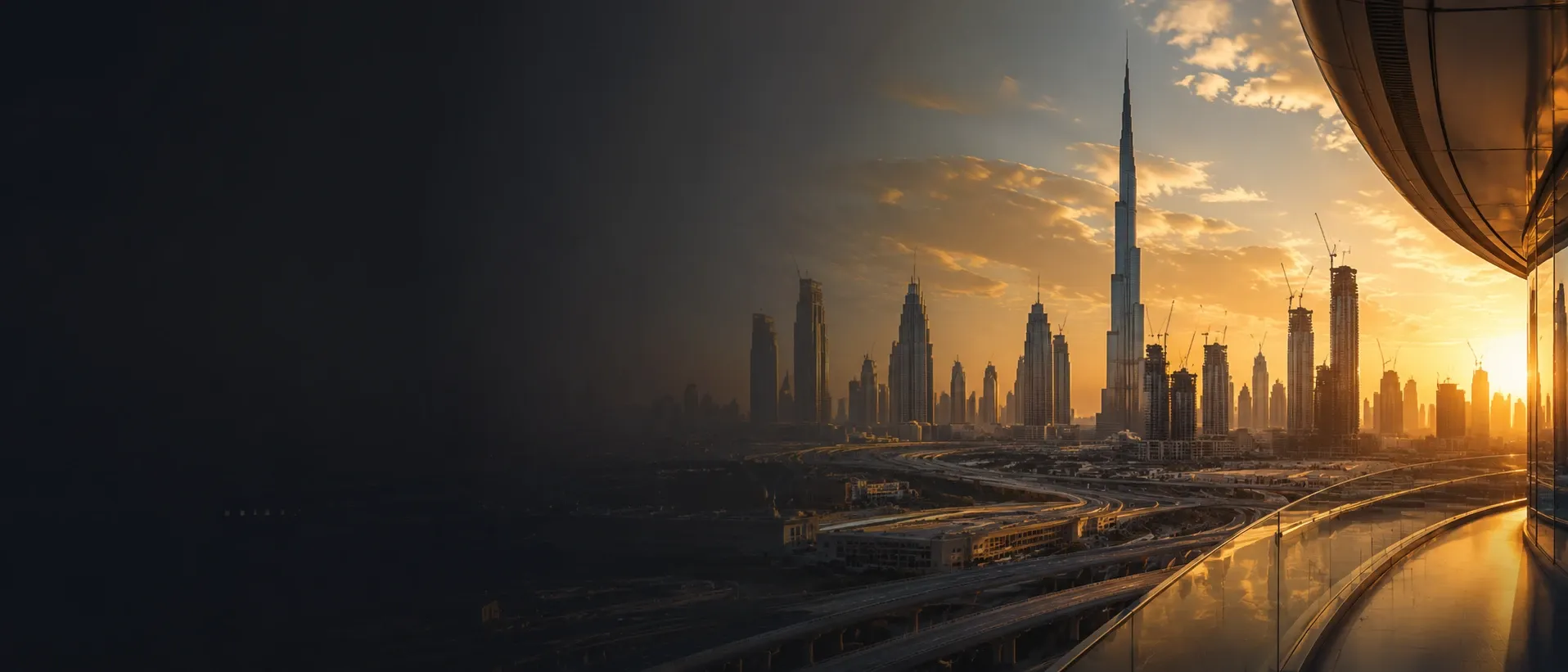 A city skyline at sunset seen from a curved glass terrace above a highway interchange.