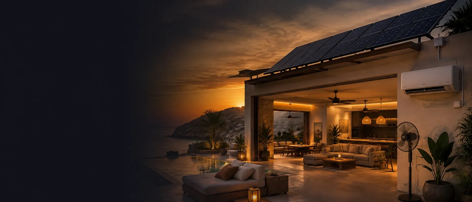 An open-sided villa at sunset with roof solar panels, a wall-mounted air conditioning unit, ceiling fans and a pedestal fan.