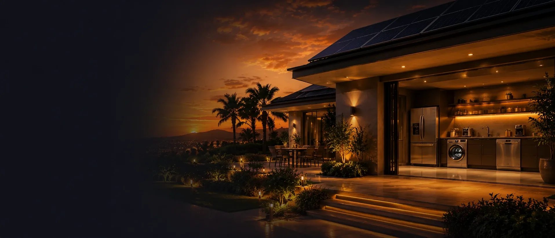 A house at sunset with roof solar panels, its open kitchen showing a fridge, a washing machine and a dishwasher.