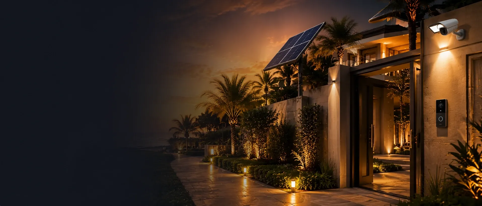 A villa entrance at dusk with a pole-mounted solar panel, a security camera, a video doorbell and lit garden pathway lights.