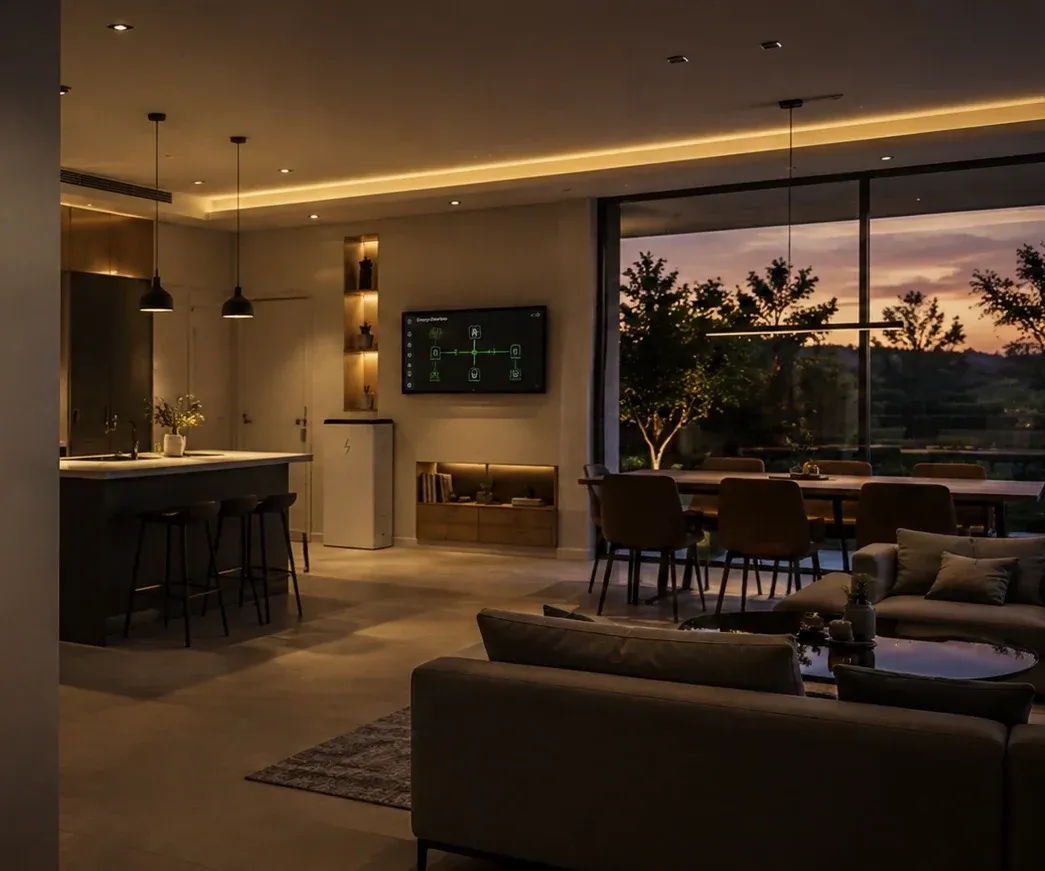 A living room and kitchen at dusk with a wall-mounted energy display and a home battery unit.